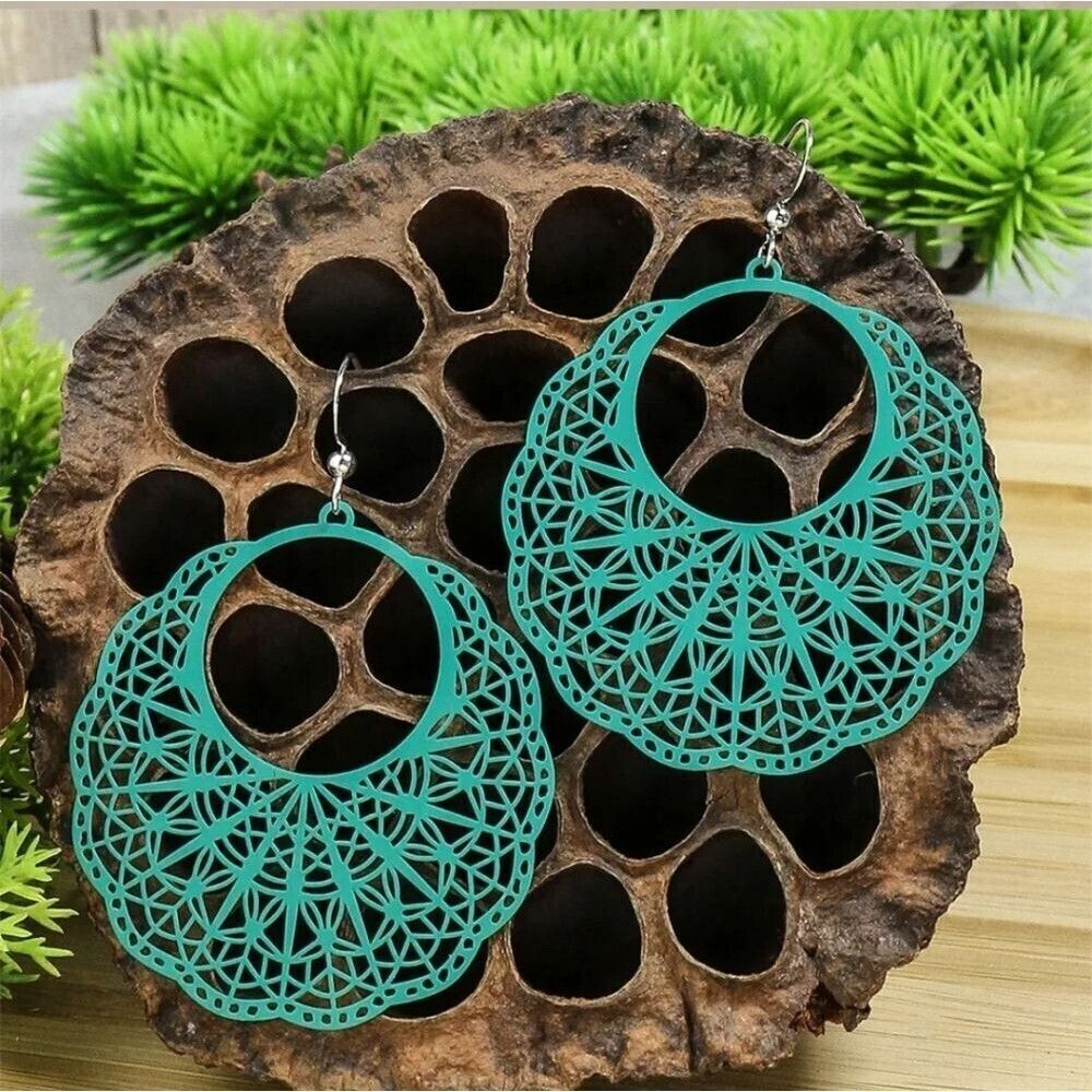 Turquoise filigree earrings stencil hollowed out earrings